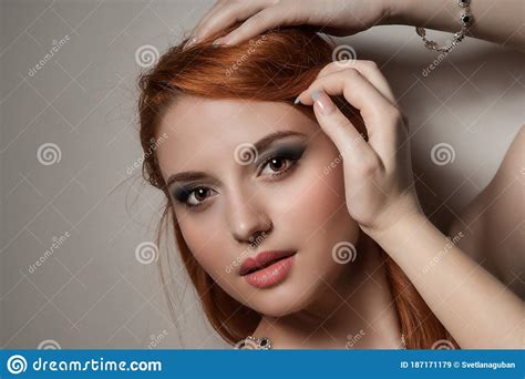 Beauty Portrait Of Female Face With Natural Skin Hands On Shoulder
