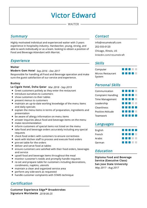 waiter resume sample   resumekraft