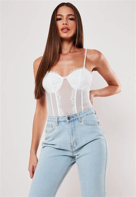white mesh panel lace cup bodysuit missguided