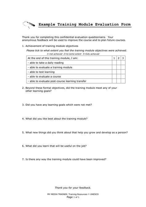 training module evaluation form  word   formats