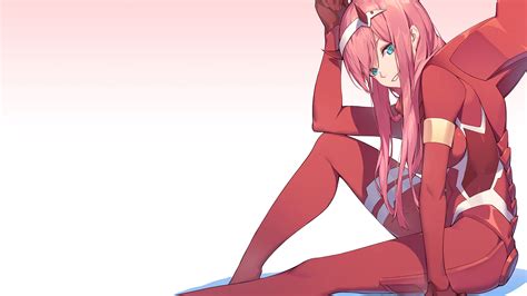 Darling In The Franxx Zero Two Sitting On Side With Pink Background 4k