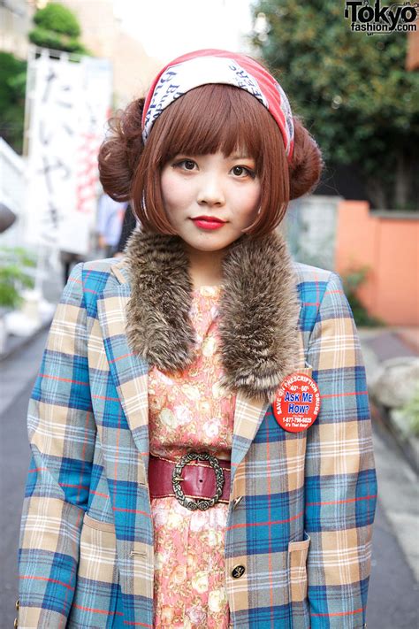 harajuku girl s twin hair buns budweiser scarf and plaid blazer