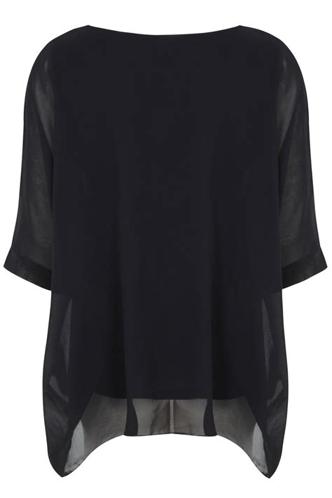 black batwing sleeve chiffon top with necklace plus size