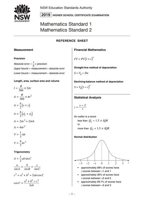 standard  maths formula sheet ten outrageous ideas   standard