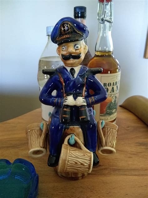 liquor whiskey decanter ship captain  barrel  shot glasses  vintage novelty
