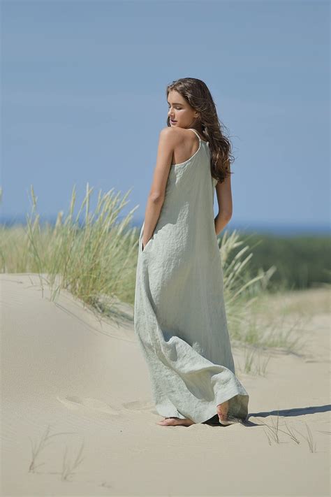 Maxi Linen Dress V Neck Dress Beach Dress With Shoulder Straps Floor