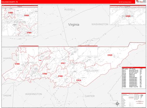 sullivan county tn zip code wall map red  style  marketmaps mapsales