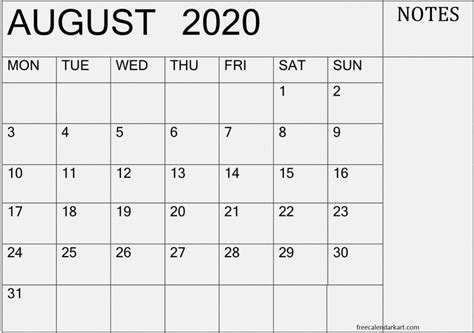 Printable August 2020 Calendar Monthly And Weekly Template