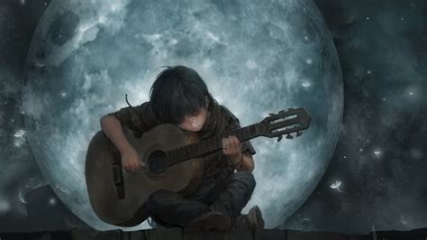 resolution  boy  full moon night playing guitar art