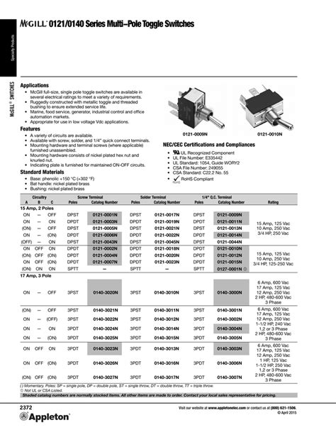 mcgill  series multi pole toggle switches catalog pages