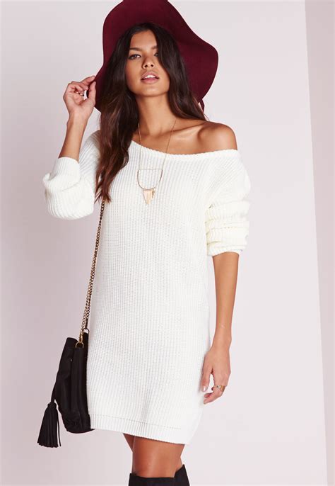 missguided off shoulder knitted jumper dress cream in white lyst