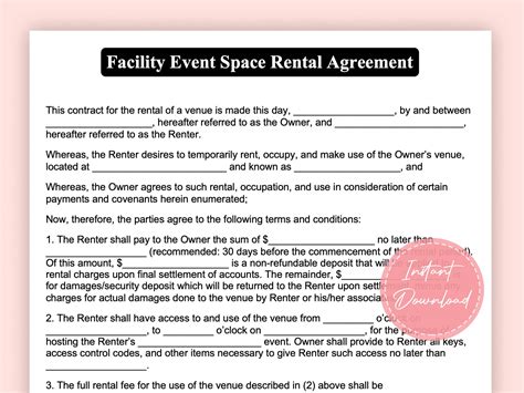 event space rental agreement venue contract venue rental etsy uk