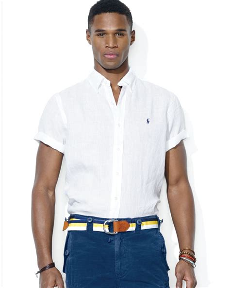 lyst ralph lauren polo button  short sleeve sport shirt regular fit  white  men