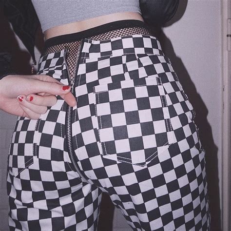 Plaid Zipper Checkered Straight Pants Women Elastic Casual Slim Pocket