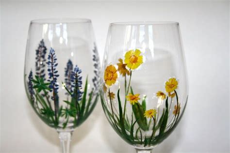 Springtime Wildflowers Hand Painted Wine Glasses Set Of 6 Etsy Hand