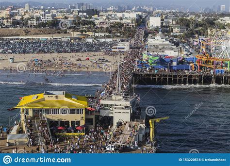 Aerial View Santa Monica Pier With Summer Crowds Editorial