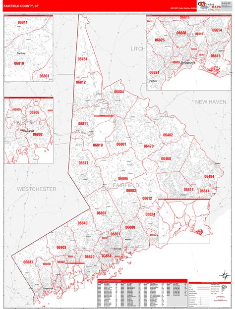 fairfield county ct zip code wall map red  style  marketmaps mapsales