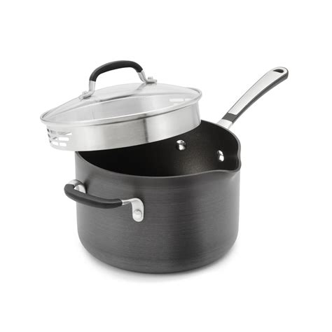 simply calphalon nonstick 4 quart sauce pan with pour and strain cover