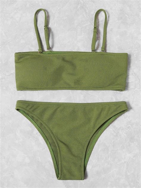 Shop Ribbed Bandeau Bikini Set Online Shein Offers Ribbed Bandeau