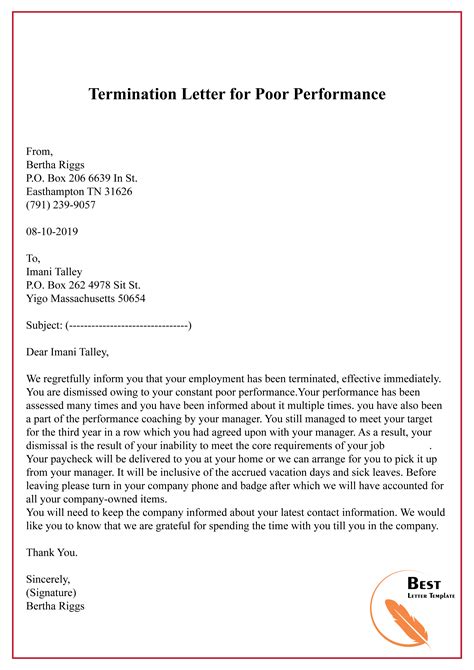 termination letter  poor performance   letter template