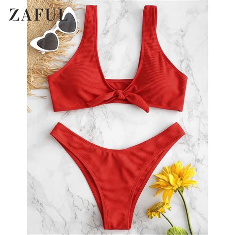 zaful ribbed knotted bikini set women swimwear swimsuit sexy plunge