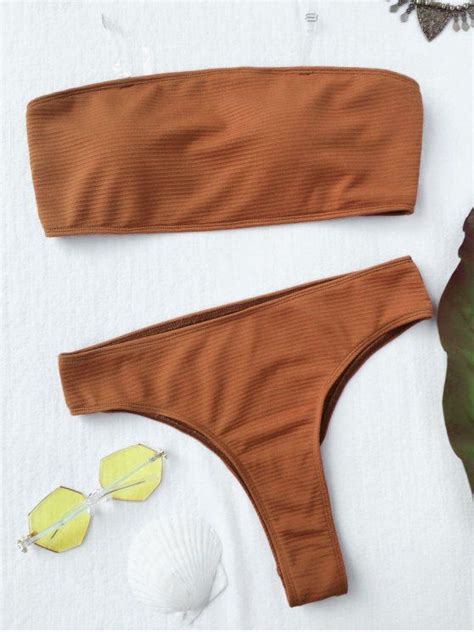 [20 Off] 2021 Textured High Leg Bandeau Bikini Set In Brown Zaful