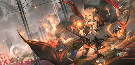 arknights blonde hair book building city cropped fire gun ifrit