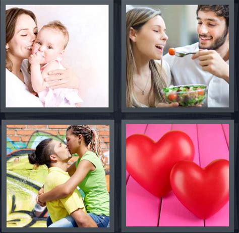 4 pics 1 word answer for mother couple kiss hearts