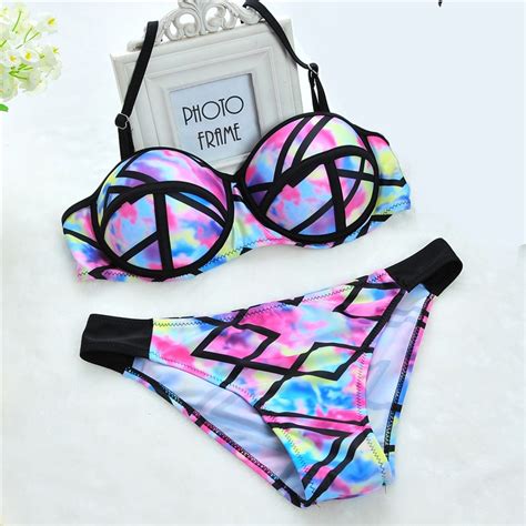 sexy floral print halter straps tie dye bikini set with padded push up