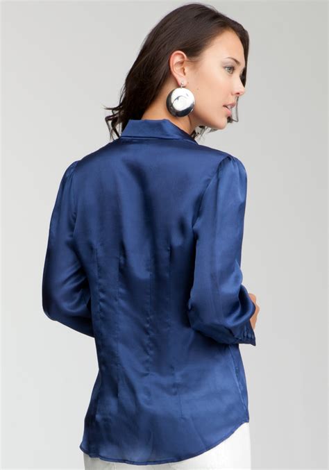 Bebe Simple Satin Silk Button Up Blouse In Blue Lyst