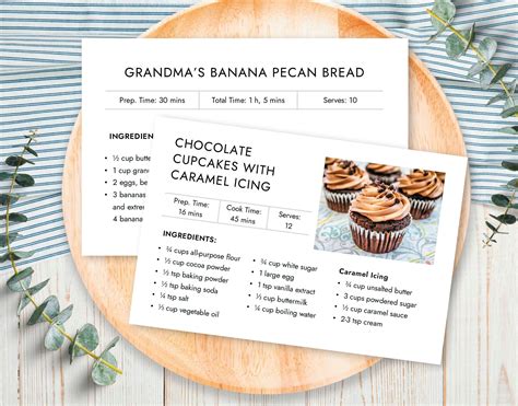 chocolate cupcakes  caramel icing recipe cards   wooden plate