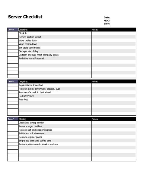 restaurant server checklist form organizing restaurant cleaning