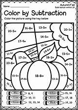Subtraction Worksheets Color Number Math Fall Code Addition Kindergarten Autumn Kids Teacherspayteachers sketch template