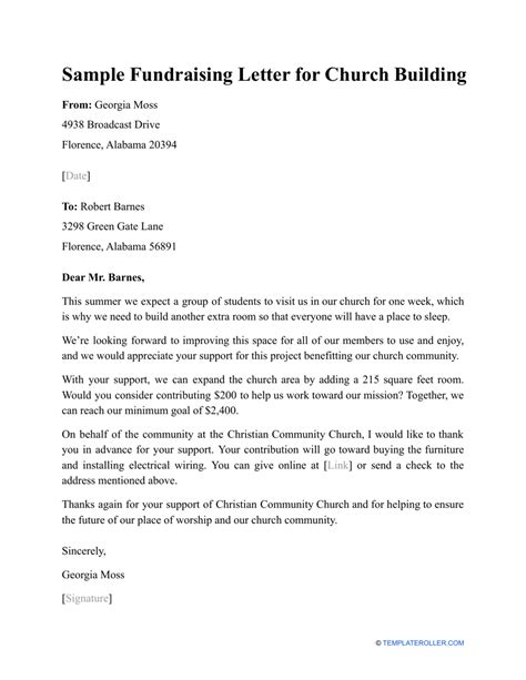 sample fundraising letter  church building  printable
