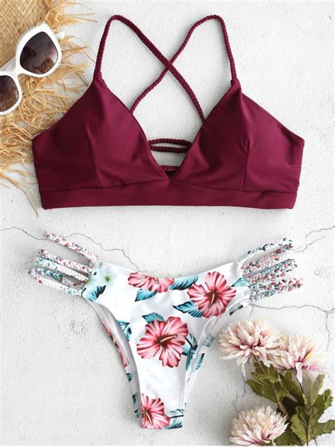 [31 off] 2019 zaful lace up braided flower bikini set in red wine m zaful