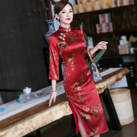 pretty silk chinese dress qipao cheongsam 3 4 sleeve