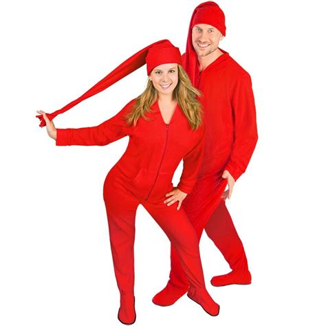 Red Adult Footed Pajamas With Drop Seat And Long Cap Mens Footed