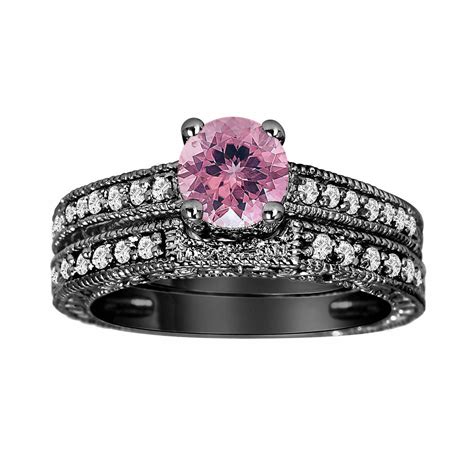 Pink Tourmaline And Diamonds Engagement Ring And Wedding Band Sets 14k