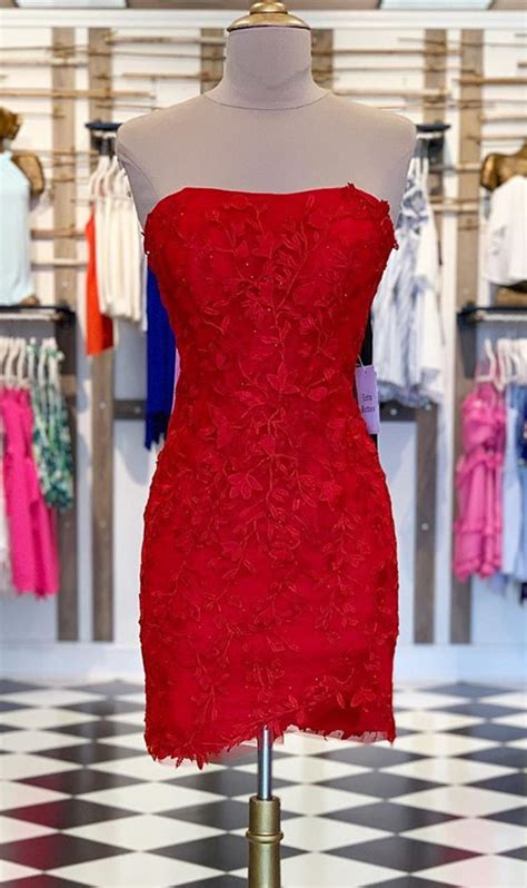 sexy strapless tight red lace short party dress