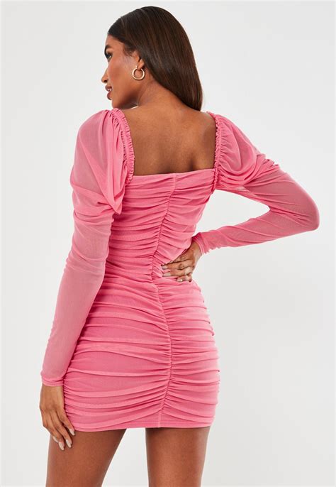pink ruched mesh long sleeve mini dress missguided