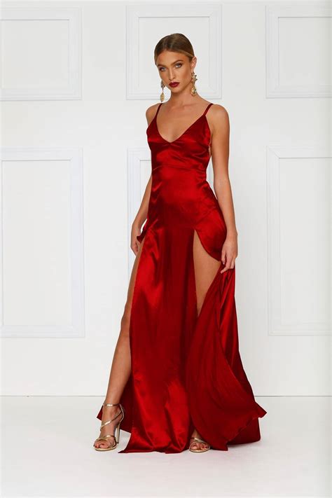 alexis wine red satin gown with v neckline and thigh high slits