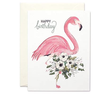 flamingo  bouquet happy birthday blank greeting card  sagebrushed