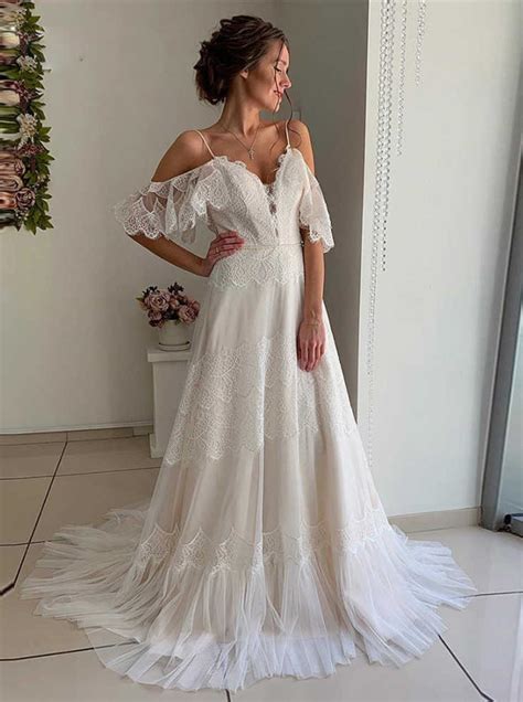 Boho Wedding Dress Lace And Tulle Bridal Dress Outdoor 12205