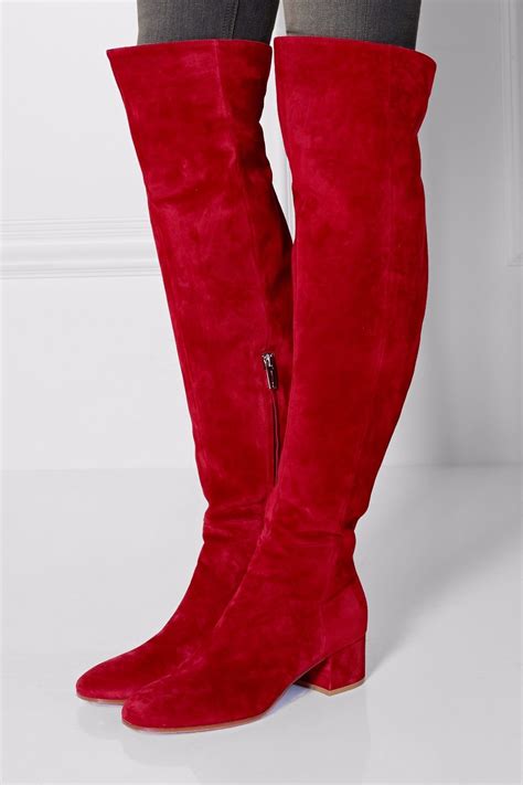 Sexy Red Suede Leather Over Knee Boots Womens Round Toe Thick Heels