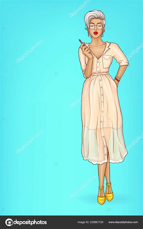 vector girl with red lips holds lipstick — stock vector © vectorpocket