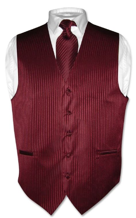 mens dress vest necktie burgundy color vertical striped design neck tie set   mens