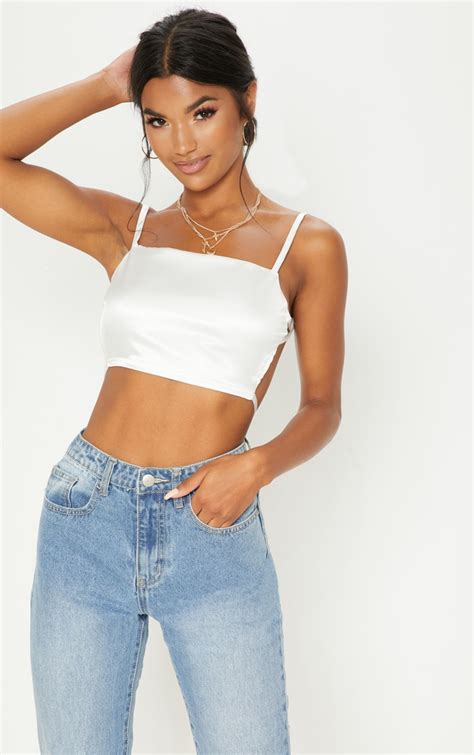 Cream Satin Backless Strappy Crop Top Prettylittlething Usa