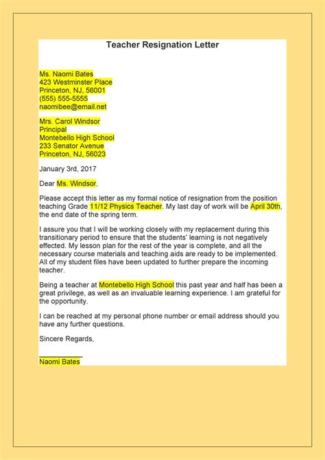 teacher resignation letters ms word templatelab