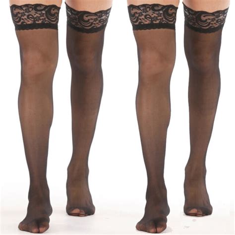 Mens Thigh High Pantyhose Mesh See Through Stockings Lace Spliced