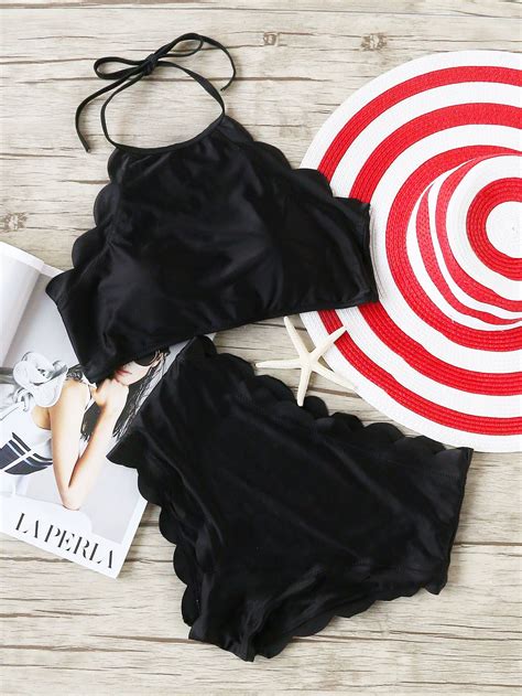 shop scalloped trim halter high waist bikini set online shein offers